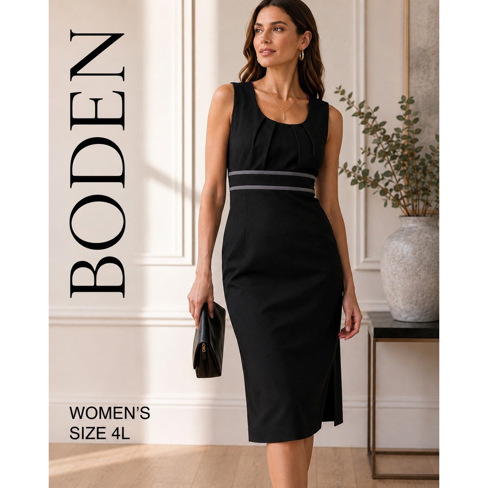 Boden Sheath Dress 4Long Black Grey Sleeveless Workwear Cocktail Party Chic Midi